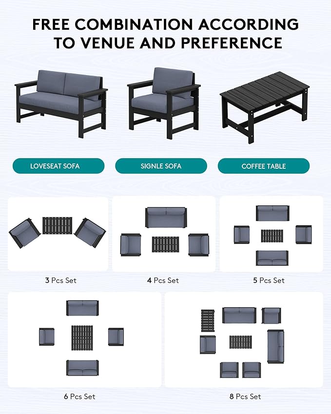 SERWALL 2 Pieces Single Cushioned Lounge Chair, Black HDPE Outdoor Adirondack Sofa Armchair with Grey Cushion - Photo 6