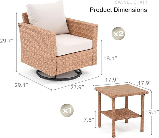 SUNSITT 3-Pieces Patio Furniture Set, Outdoor Wicker Swivel Rocker Chairs with Wood Top Side Table & Thick Comfy Cushions, for Porch, Balcony, Deck, Natural Rattan Color