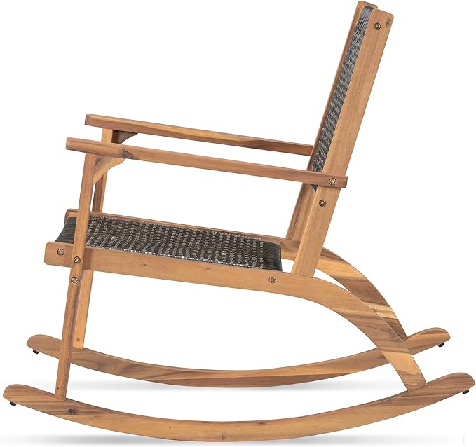 Outdoor Rocking Chair Set, Acacia Wood Patio Rockers with Wicker Rattan Seat & Backrest, Comfortable Garden Porch Chairs for Backyard, Balcony & Poolside, Dark Brown