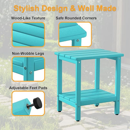 Outdoor Side Table, 17.7-Inch Small Patio Side Table with Adjustable Feet, All-Weather HDPE Adirondack End Table for Porch Deck Balcony Pool, Easy Maintenance, Aruba Blue