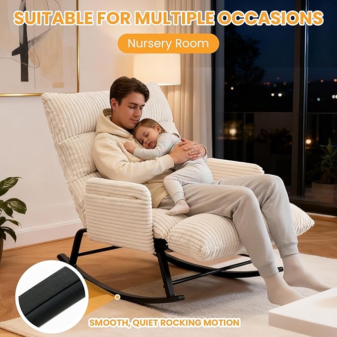 Oversized Rocking Chair with Adjustable Backrest and Footrest, Outdoor Reading Chair - Chaise Lounge Chair Indoor, Comfy Corduroy Rocking Chair for Patio, Porch, Balcony, Living Room