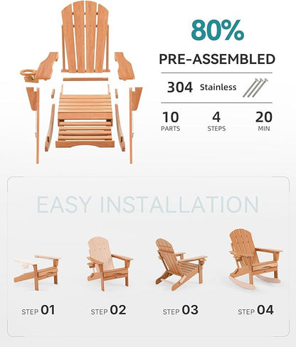 Adjustable Adirondack Rocking Chair with Retractable Ottoman, 4-in-1 Multifunctional Folding Patio Chair with Cup Holder, Outdoor Chair Wood Texture for Lawn, Porch, Backyard, Pool(Teak)