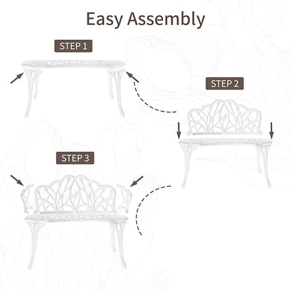 HOMEFUN Outdoor Bench, Patio Garden Benches Metal Loveseat Cast-Aluminum Outside Furniture for Park Lawn Front Porch White