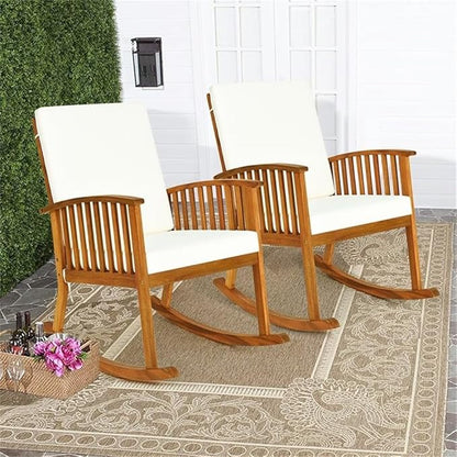 Pemberly Row 2-Pcs Acacia Wood Outdoor Rocking Chairs, Brown Finish, Ergonomic Design with Weather-Resistant Cushions, Rustic Style Porch or Patio Seating, 36.5" H x 25" W x 35.5" L
