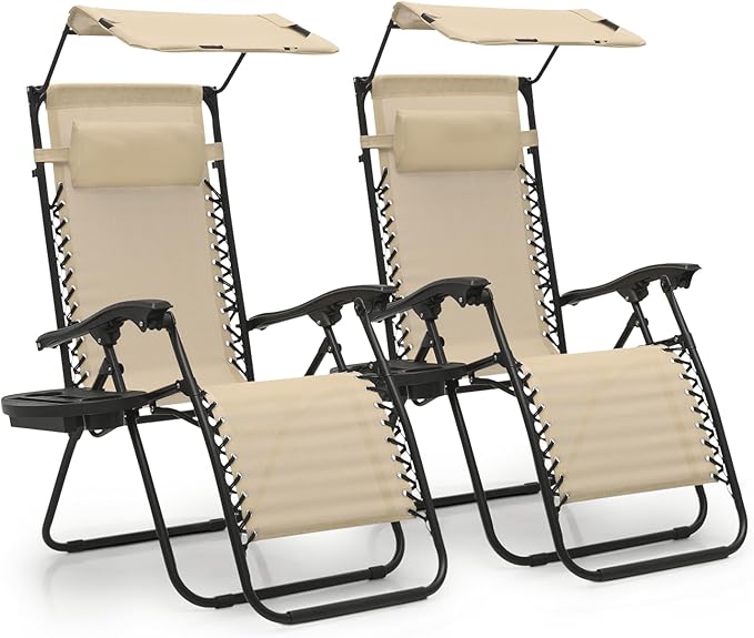 MoNiBloom Zero Gravity Chair Set of 2 with Canopy Shade, Patio Folding Anti Gravity Recliner, Foldable Outdoor Lounger with Cup Holder Tray for Beach Camping, Cream