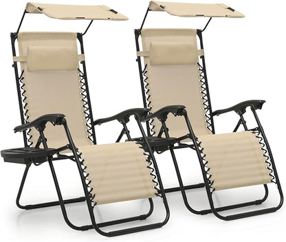 MoNiBloom Zero Gravity Chair Set of 2 with Canopy Shade, Patio Folding Anti Gravity Recliner, Foldable Outdoor Lounger with Cup Holder Tray for Beach Camping, Cream