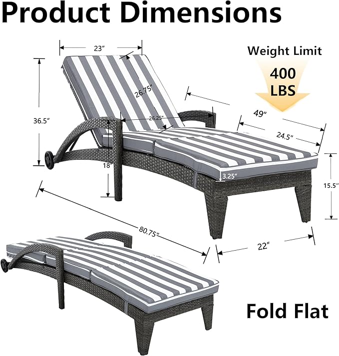 Chaise Lounge Chairs Set of 6, Upholstered 5-Positions Adjustable Pool Loungers, 80" Long Wicker Outdoor Lounge Chairs, Patio Chaise Lounges with Wheels for Sunbathing/Deck/Yard, Khaki