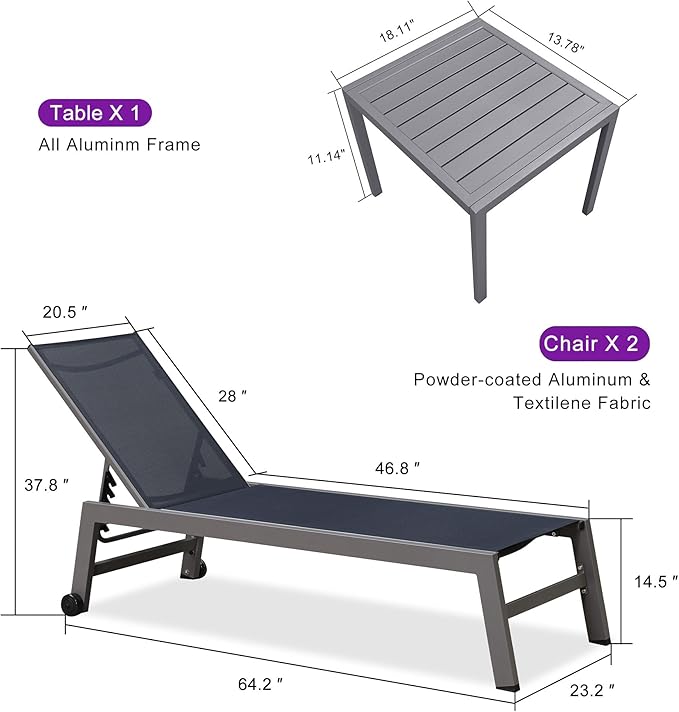PURPLE LEAF Outdoor Lounge Chair Set for 2 Aluminum Patio Chaise Lounger with Easy-to-Move Wheels and Adjustable - Photo 3
