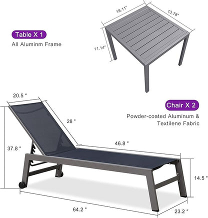PURPLE LEAF Outdoor Lounge Chair Set for 2 Aluminum Patio Chaise Lounger with Easy-to-Move Wheels and Adjustable Backrest Pool Reclining Lounge Chairs for Beach Yard Poolside Table Included, Navy Blue
