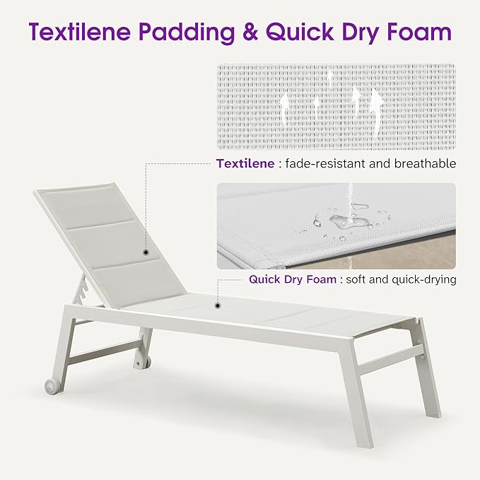 PURPLE LEAF Outdoor Chaise Lounge Set Adjustable Sunbathing Recliner with Side Table for Beach Poolside Patio Outside Aluminum Chaise Lounger Cream
