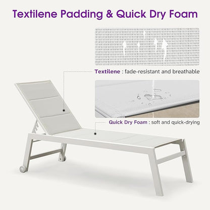 PURPLE LEAF Outdoor Chaise Lounge Set Adjustable Sunbathing Recliner with Side Table for Beach Poolside Patio Outside Aluminum Chaise Lounger Cream