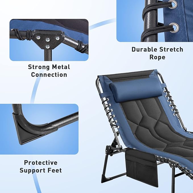 Flamaker Folding Chaise Lounge Outdoor Portable Lounge Chairs 4-Position Adjustable Camping Lounge Chair with Pillow & Side Bag Lightweight Recliner Sunbathing Chair for Pool Beach Deck (Blue)
