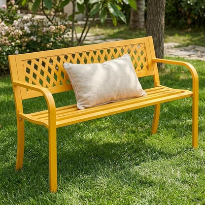 47 Inch Outdoor Garden Bench, Metal Patio Bench with PVC Mesh Backrest and Curved Armrests, 2-Person Yellow Park Bench for Porch, Backyard and Lawn, 500 lbs Weight Capacity