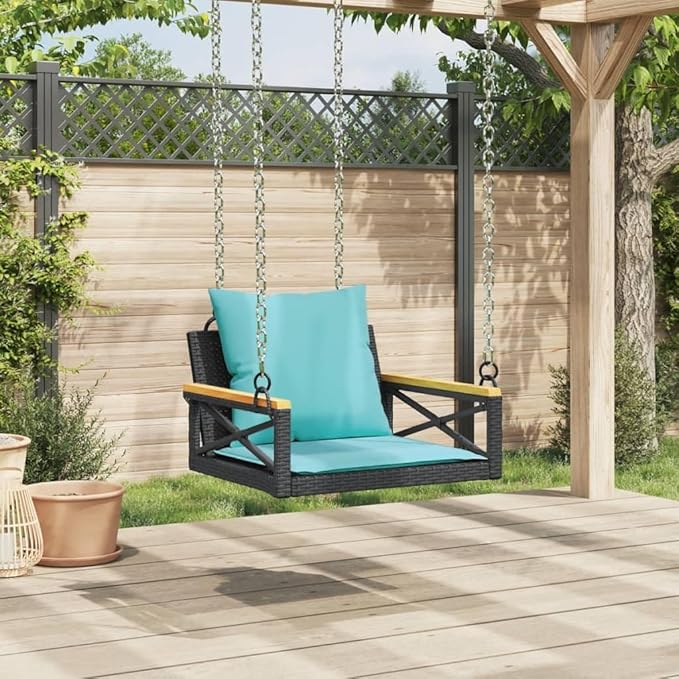 Garden Bench Deck Bench Swing Bench with Cushions Black 24.8"x24.4"x15.7" Poly Rattan - Photo 3