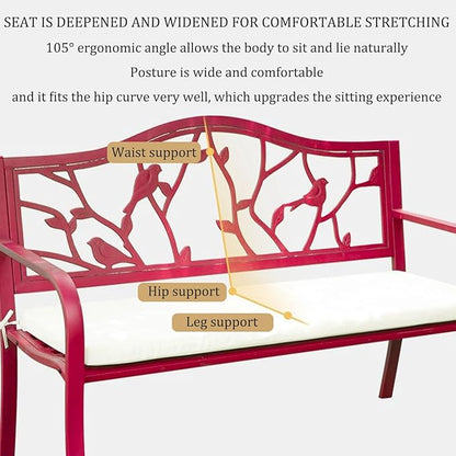 51.18" Outdoor Bench with Flower Pattern Backrest & Arch Legs, Cast Iron Metal Garden Bench Sturdy Steel Frame Patio Bench Slatted Seat, for Work Entryway Park Porch Lawn Yard