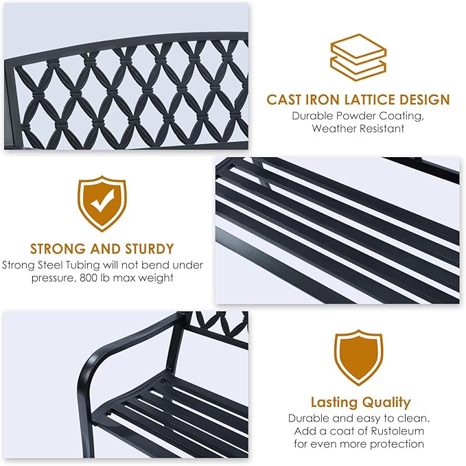 Lattice Metal Park Patio Bench, Outdoor Bench in Black for Porch, Lawn, Garden, Deck by Sun-Ray
