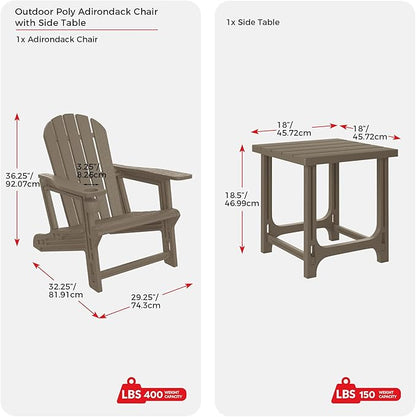 Costaelm Cayman 2-Piece HDPE Plastic Adirondack Patio Chair Set with 18" Side Table, Weathered Wood