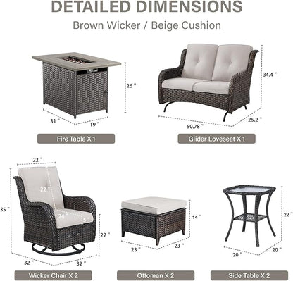 Belord Patio Furniture Set with Fire Pit Table,8 Piece Wicker Outdoor Furniture Set, Swivel Rocker Chairs with Ottomans and Loveseat, All Weather Patio Conversation Set, Pool,Yard, Brown Wicker/Beige