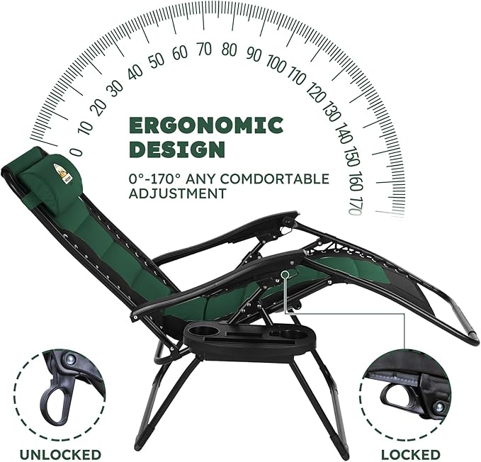 Oversized Padded Zero Gravity Lounge Chair, Foldable Patio Anti Gravity Reclining Chairs Folding Lawn Recliner with Cup Holder for Yard, Camping, Outdoor, Support 350 LBS, Green