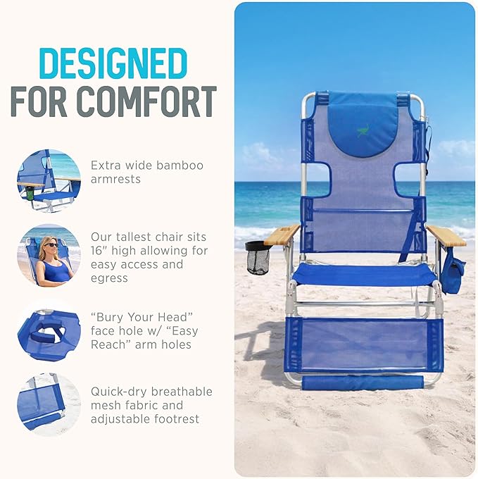 Ostrich Altitude 3N1 Lightweight Lawn Beach Reclining Lounge Chair w/Footrest, Outdoor Furniture for Patio, Balcony, Backyard, or Porch, Blue Stripe