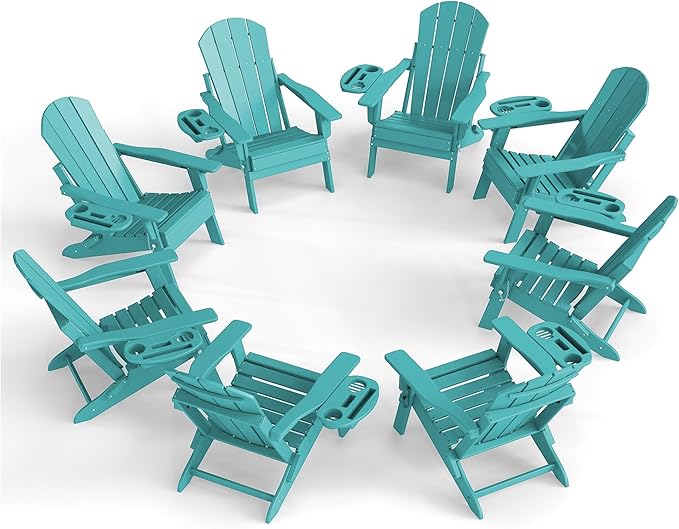Adjustable Adirondack Chair Set of 8 with Cup Holder, All Weather HDPE Fire Pit Chairs for Deck, Backyard, Patio, Lake Blue
