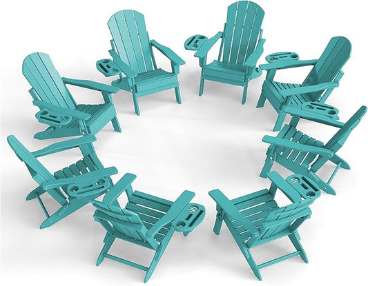 Adjustable Adirondack Chair Set of 8 with Cup Holder, All Weather HDPE Fire Pit Chairs for Deck, Backyard, Patio, Lake Blue