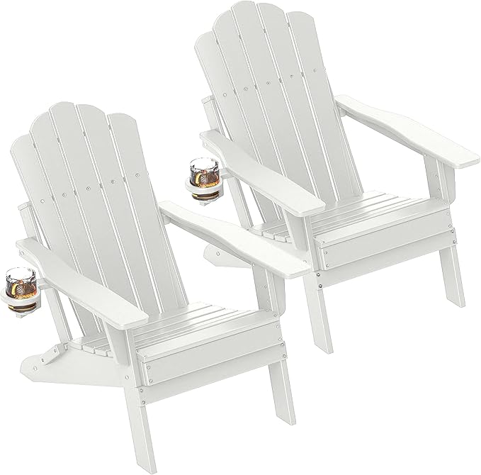 FOOWIN Adirondack Chair Set of 2, Folding HDPE Patio Chairs with Cup Holder, 400LBS Heavy Duty Outdoor Chairs for Fire Pit, Porch, Deck, Garden, Weather Resistant, White