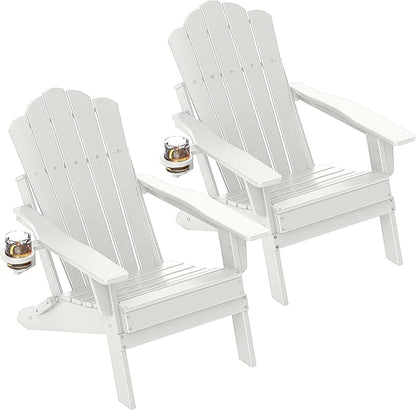 FOOWIN Adirondack Chair Set of 2, Folding HDPE Patio Chairs with Cup Holder, 400LBS Heavy Duty Outdoor Chairs for Fire Pit, Porch, Deck, Garden, Weather Resistant, White