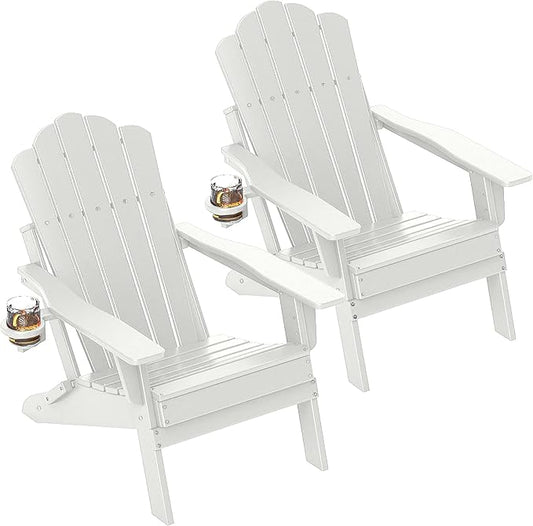 FOOWIN Adirondack Chair Set of 2, Folding HDPE Patio Chairs with Cup Holder, 400LBS Heavy Duty Outdoor Chairs for Fire Pit, Porch, Deck, Garden, Weather Resistant, White