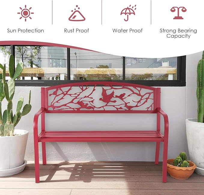 Giantex 50”Outdoor Bench with Cast Iron Backrest & Ergonomic Armrest, 600 lbs Steel Metal Frame - Photo 4