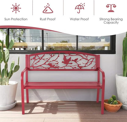 Giantex 50”Outdoor Bench with Cast Iron Backrest & Ergonomic Armrest,600 lbs Steel Metal Frame, Garden Bench for Park Front Porch Patio Lawn Backyard Balcony Path Entryway Deck, Red Bird Pattern