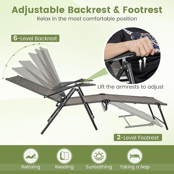 Tangkula Outdoor Lounge Chair, Patio Folding Chaise Recliner with 6-Level Backrest - Photo 5