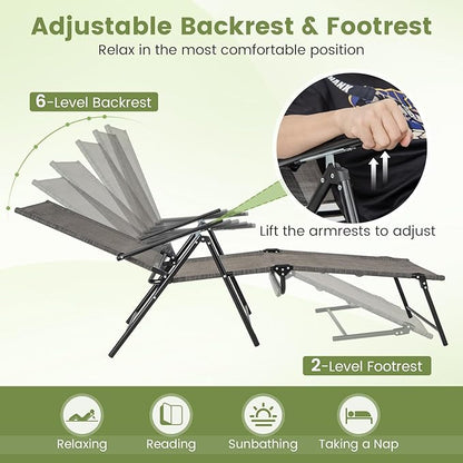 Tangkula Outdoor Lounge Chair, Patio Folding Chaise Recliner with 6-Level Backrest, Breathable Seat Fabric & Solid Metal Frame, Adjustable Reclining Chair for Poolside, Backyard (Brown)
