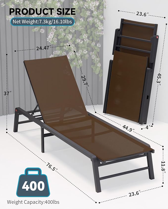Aluminum Chaise Lounge Chair Outdoor, Foldable Patio Lounge Chair Assemble-Free - Photo 2
