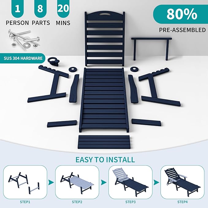 Plawdlik Oversized Patio Chaise Lounge, 5 Positions Adjustable HDPE Outdoor Lounge Chair with Rolling Wheels & Cup Holder,All-Weather for Poolside, Beach, Garden - Navy Blue