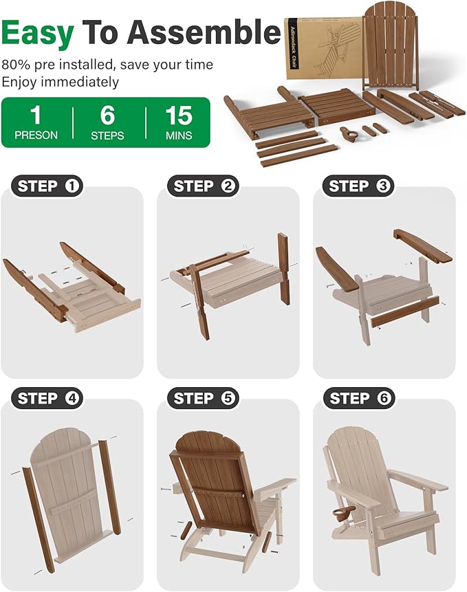 YEFU Adirondack Chair with Retractable Ottoman: Adjustable Folding Adirondack Chairs with Cup Holder - HDPE Plastic Fire Pit Chairs Set of 8 - All Weather for Outdoor/Patio/Pool/Lawn(Shallow Walnut)