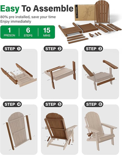 YEFU Adirondack Chair with Retractable Ottoman: Adjustable Folding Adirondack Chairs with Cup Holder - HDPE Plastic Fire Pit Chairs Set of 6 - All Weather for Outdoor/Patio/Pool/Lawn(Shallow Walnut)