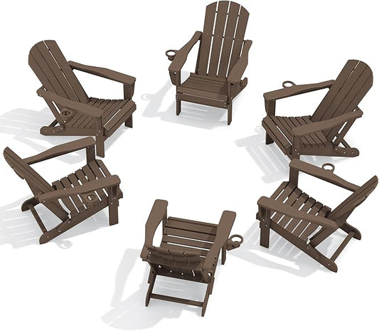 SERWALL Folding Adirondack Chair Set of 6, Adjustable Adirondack Chair with 3 Recline Positions, All Weather HDPE Outdoor Adirondack with Cup Holders, Coffee
