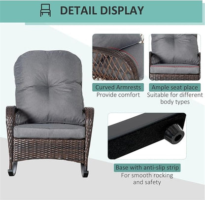 Outdoor Wicker Rocking Chair, PE Rattan Patio Rocker with Cushioned Removable Washable Covers for Porch, Garden, Backyard, Balcony(Gray)