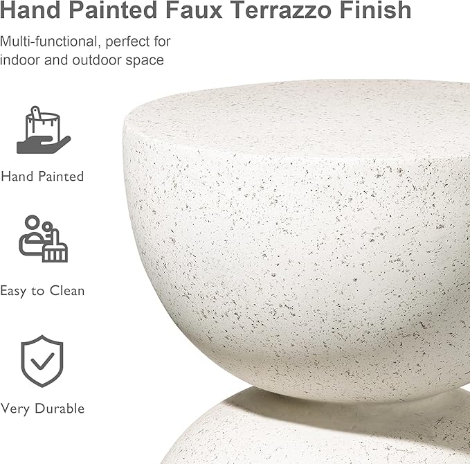 Glitzhome Outdoor Side Table, Round Accent End Table, Lightweight Hourglass Faux Terrazzo Decorative Garden Stool - Photo 4