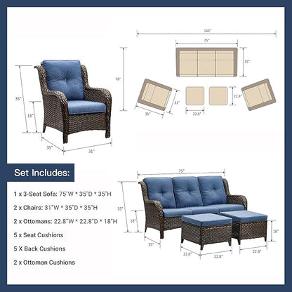 HUMMUH Outdoor Furniture 6 Pieces Patio Furniture Set Wicker Outdoor Sectional Sofa with 2 Patio Chairs,Ottomans,Coffee Table…