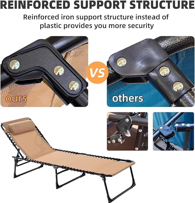 Patio Lounge Chair 2 PCS Folding Chaise Bed - Heavy-Duty 400lb Capacity Portable Adjustable Recliner w/Pillow for Pool, Camping, Sunbathing - Lay Flat Design (Beige)