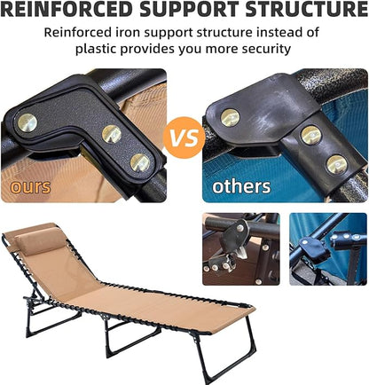 Patio Lounge Chair 2 PCS Folding Chaise Bed - Heavy-Duty 400lb Capacity Portable Adjustable Recliner w/Pillow for Pool, Camping, Sunbathing - Lay Flat Design (Beige)