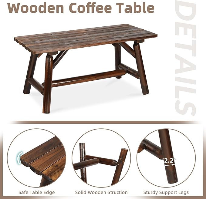3-Piece Outdoor Wood Rocking Bistro Set, Rustic Wooden Conversation Set Including 2-Seater Loveseat, Log Rocker Chair and Coffee Table, Patio Furniture Chair Set for Lawn Yard, Carbonized