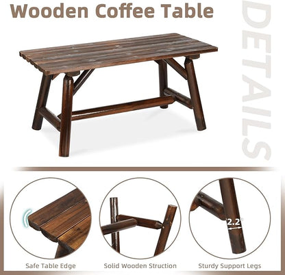 3-Piece Outdoor Wood Rocking Bistro Set, Rustic Wooden Conversation Set Including 2-Seater Loveseat, Log Rocker Chair and Coffee Table, Patio Furniture Chair Set for Lawn Yard, Carbonized