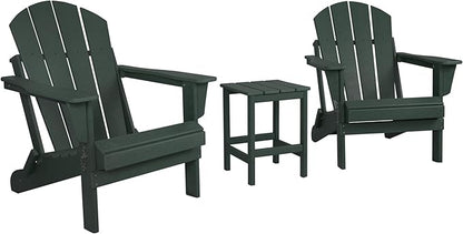 WestinTrends Malibu 3-Pieces Adirondack Chairs Set with Side Table, All Weather Outdoor Seating Plastic Patio Lawn Chair Folding for Outside Porch Deck Backyard, Dark Green