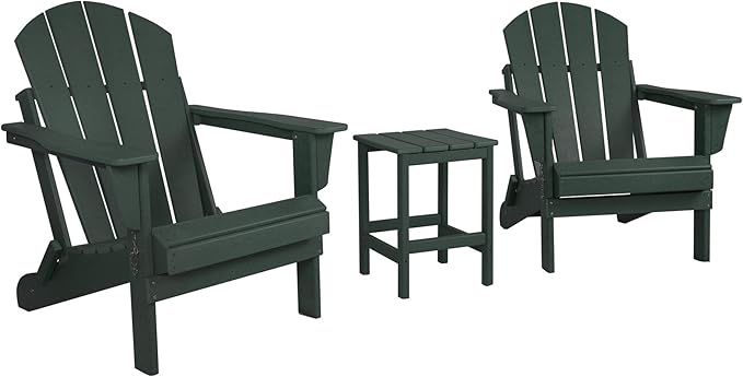 WO WESTIN OUTDOOR HDPE Laguna 3PC Outdoor Poly Adirondack Chair Set with Side Table, Dark Green