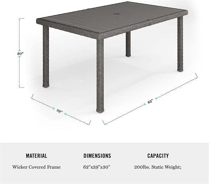 Martha Stewart Bedford 62" Indoor-Outdoor Patio Table with Faux Wood Top and Rattan Wicker Finish in Gray