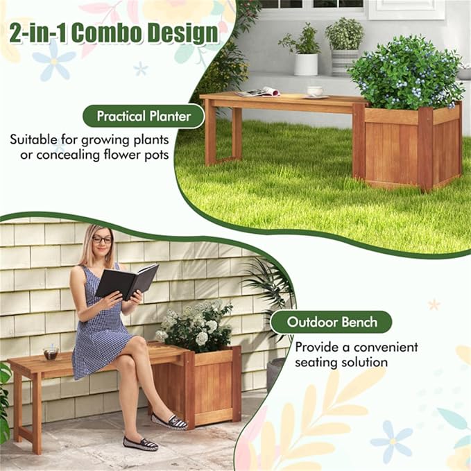 Outdoor Bench with Planter Box 54" Solid Wood Garden Bench and Flower Planter Combo 2-in-1 Seating and Planting Station - Photo 6