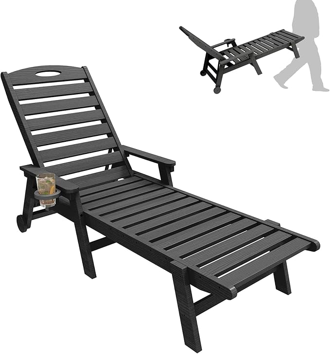 Outdoor Lounge Chairs, 78'' Long Patio Lounge Chair HDPE 5-Position Adjustable with Cup Holder & Rolling Wheels - Photo 1